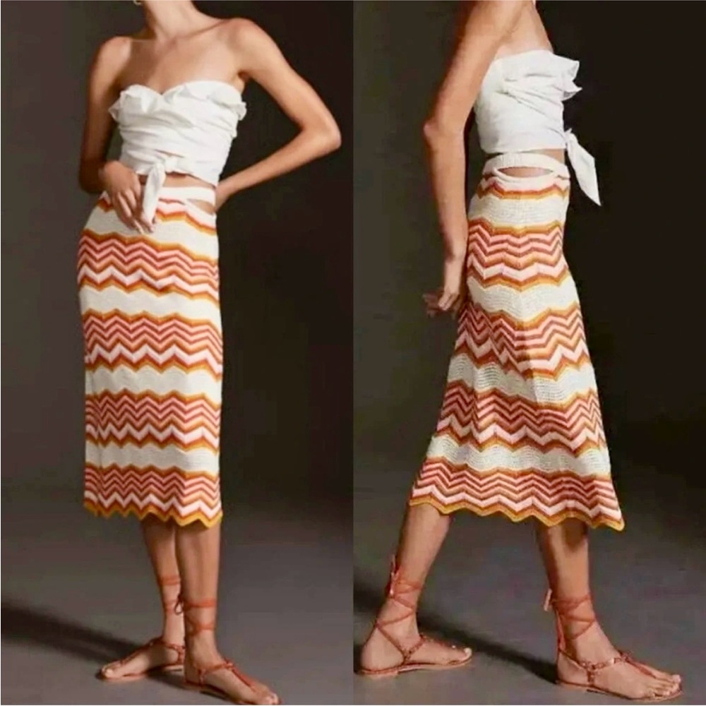 MOTHER chevron knit Midi Skirt in orange yellow cream size large pencil Anthro